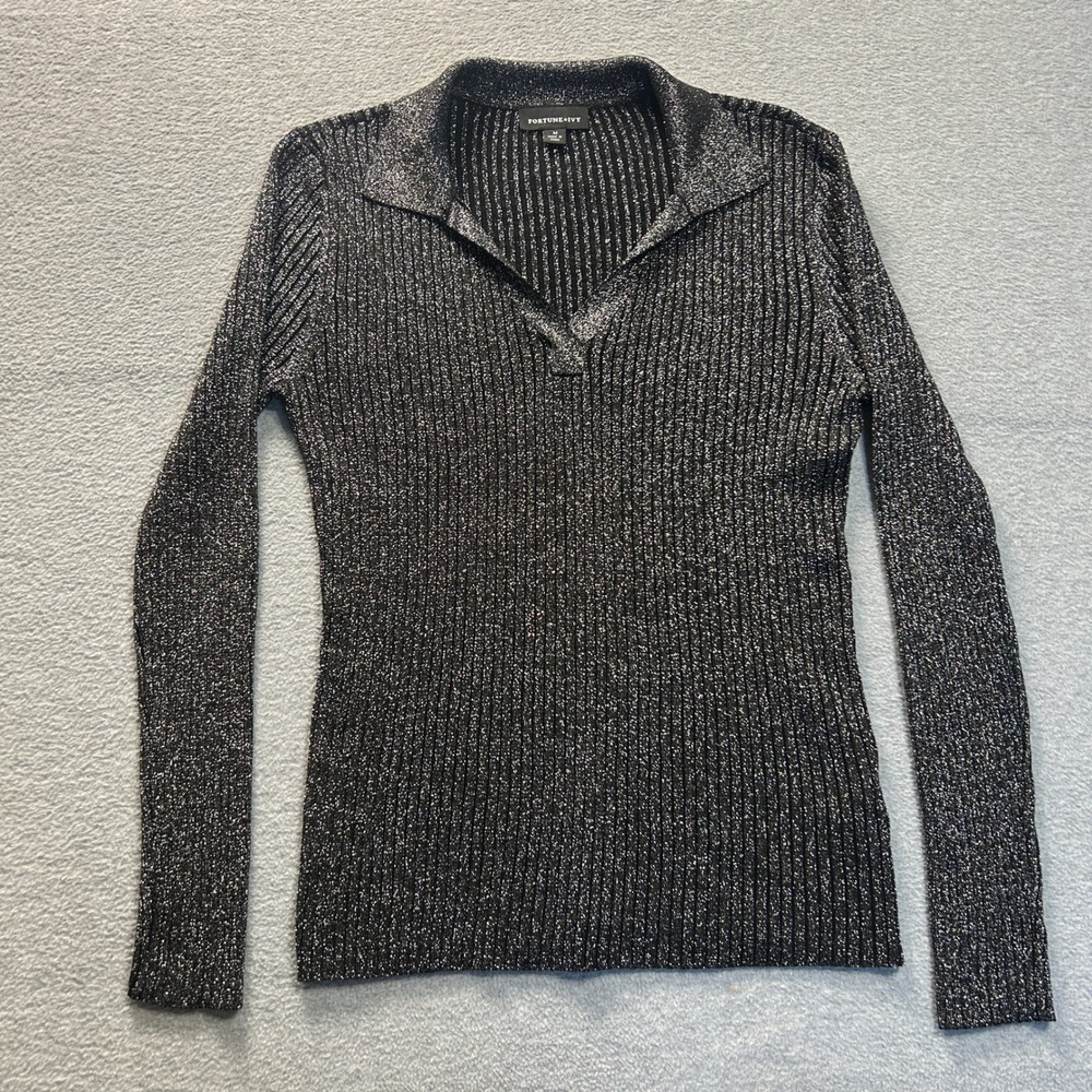 Fortune‎ + Ivy Womens Ribbed Knit SweaterMedium Black Metallic Split Long Sleeve